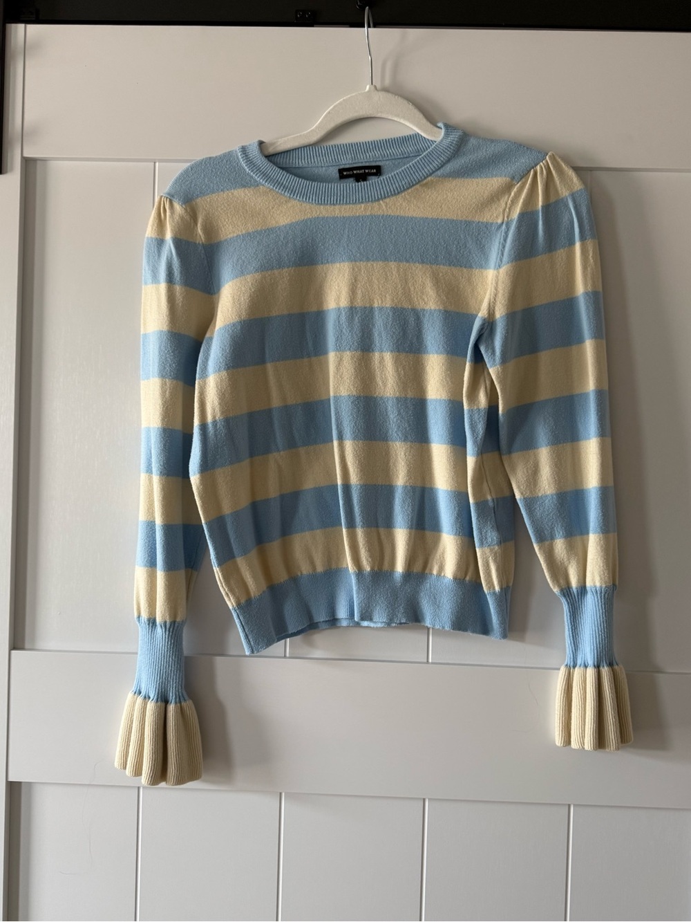 Who What Wear Women’s Blue and Cream Striped Bell Sleeve Pullover Sweater - Picture 3 of 7